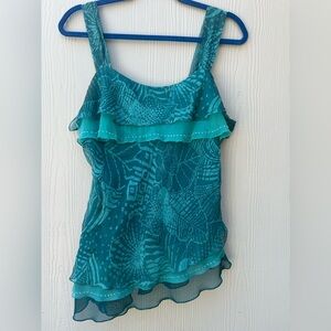 Separates Teal Sleeveless Ruffle Top 100% silk